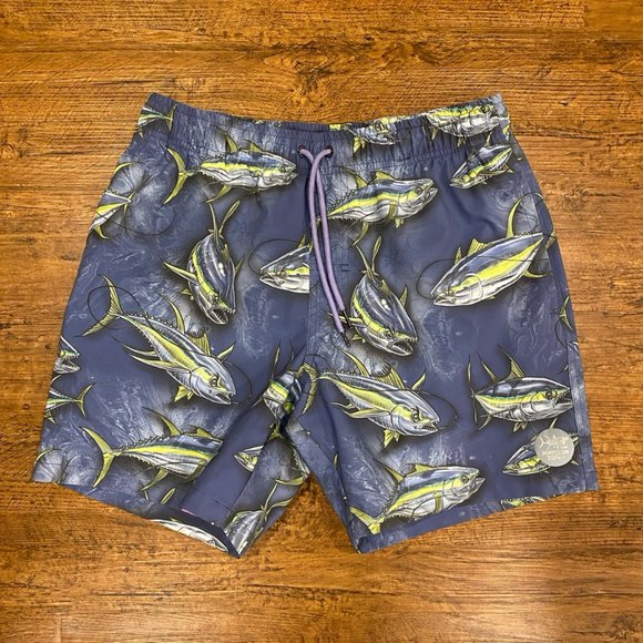 Psycho Tuna Blue Fish Print Vacation Beach Pool Swim Trunks Shorts 6" Men's Med - Picture 1 of 7